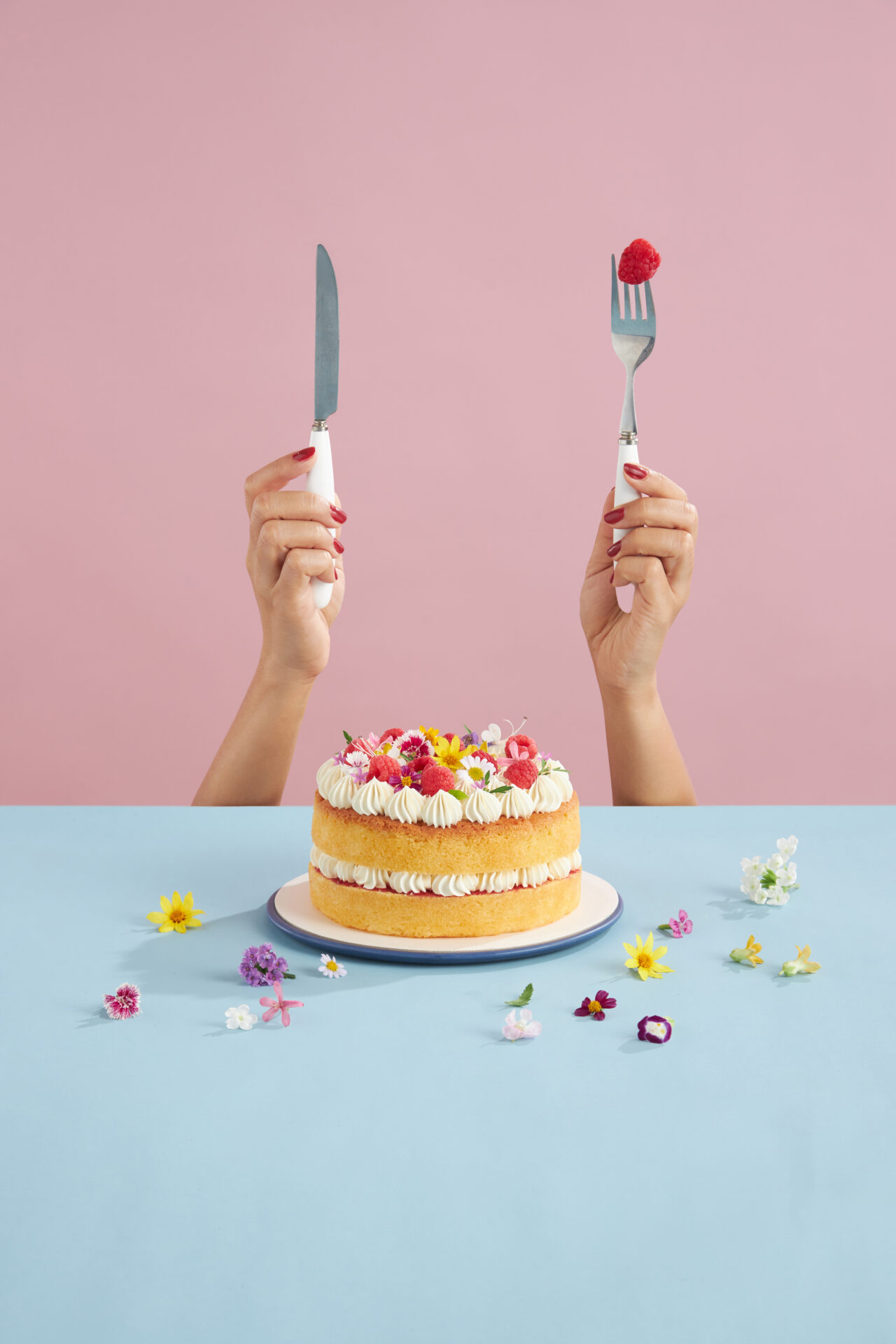 Birthday sponge cake on a pink and blue table and background with hands holding up a knife and fork with a strawberry on.