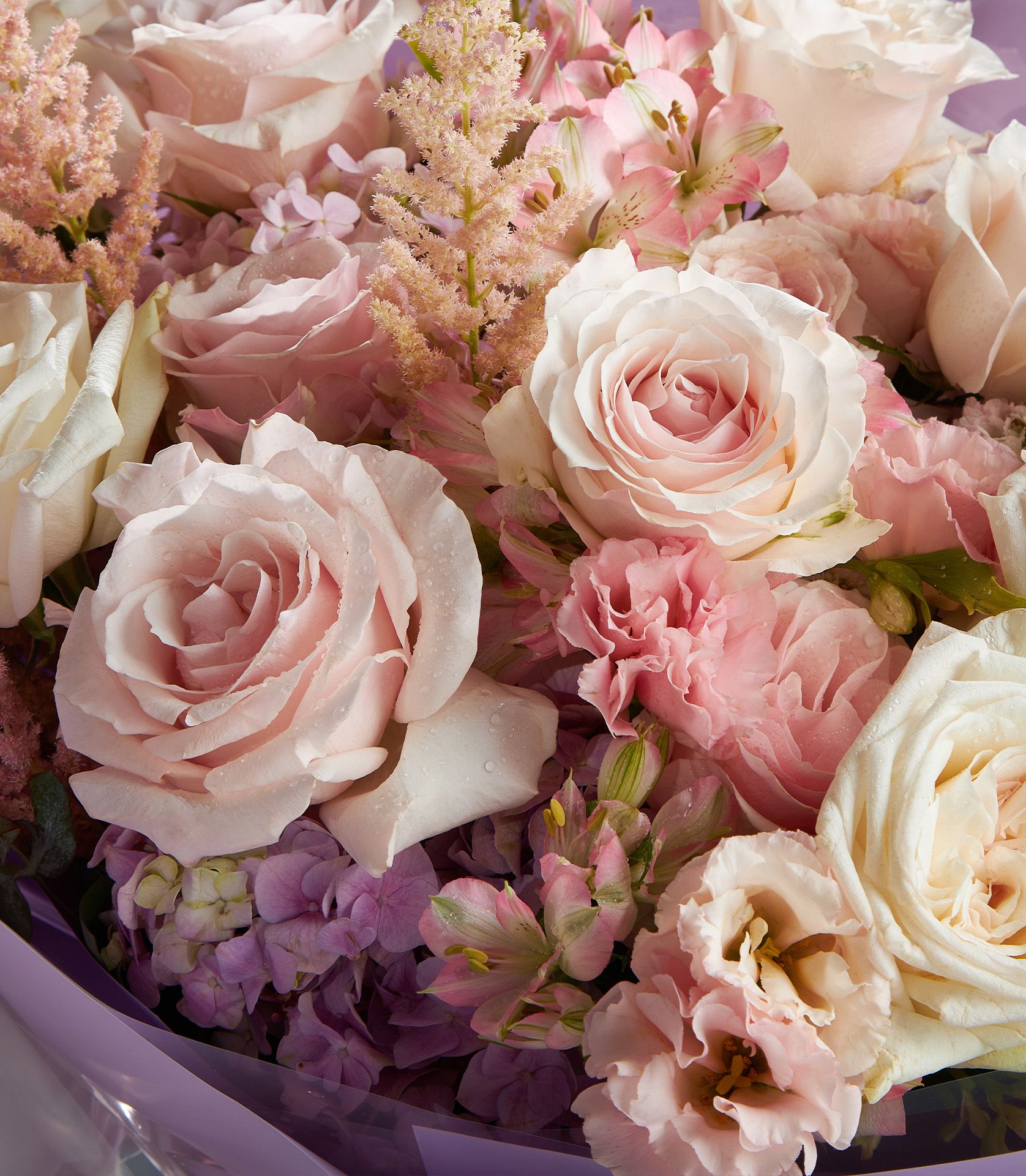 Close-up of pink and white Ecuadorian roses with pink lisianthus, purple hydrangeas, astilbe, and alstroemeria in a pastel bouquet