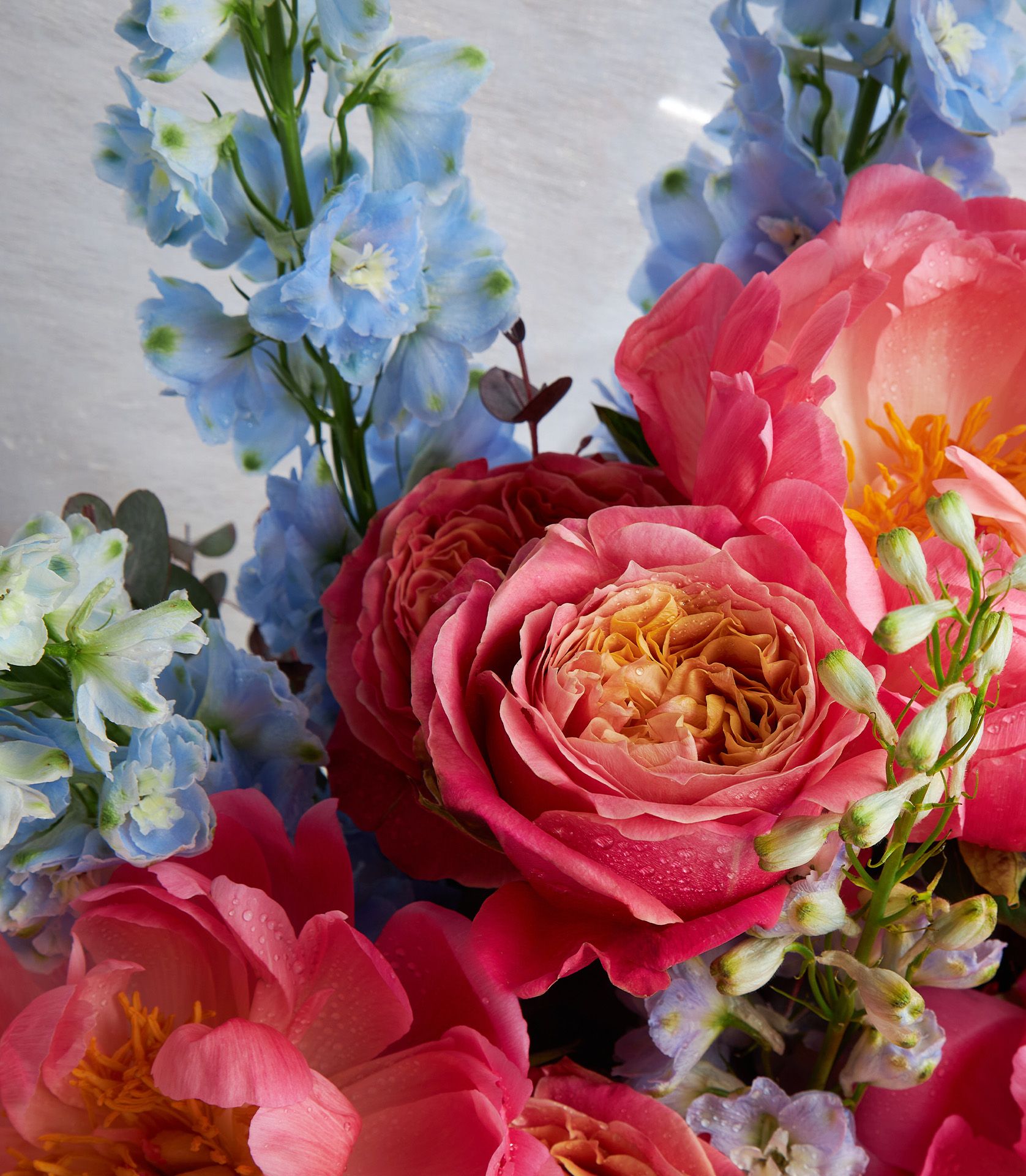 A luxury bouquet with bright pink peonies, imported Nubella roses, blue and purple delphinium, and fresh eucalyptus