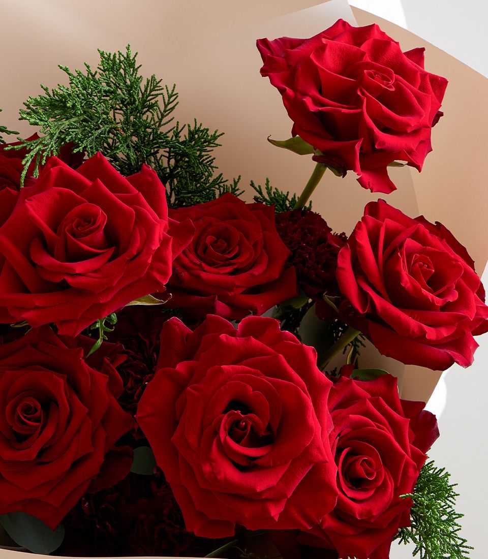 Close-up of premium red roses imported from Ecuador, arranged with fresh greenery for a bold, romantic look.