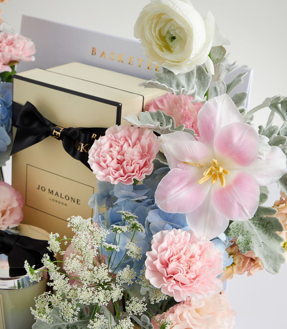 Jo Malone pastel tulip and carnation arrangement with luxury gift box for Mother’s Day