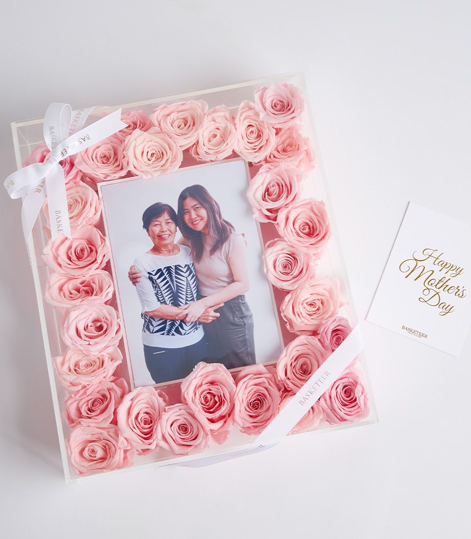 Pink preserved rose photo frame with Happy Mother’s Day card – personalised floral keepsake