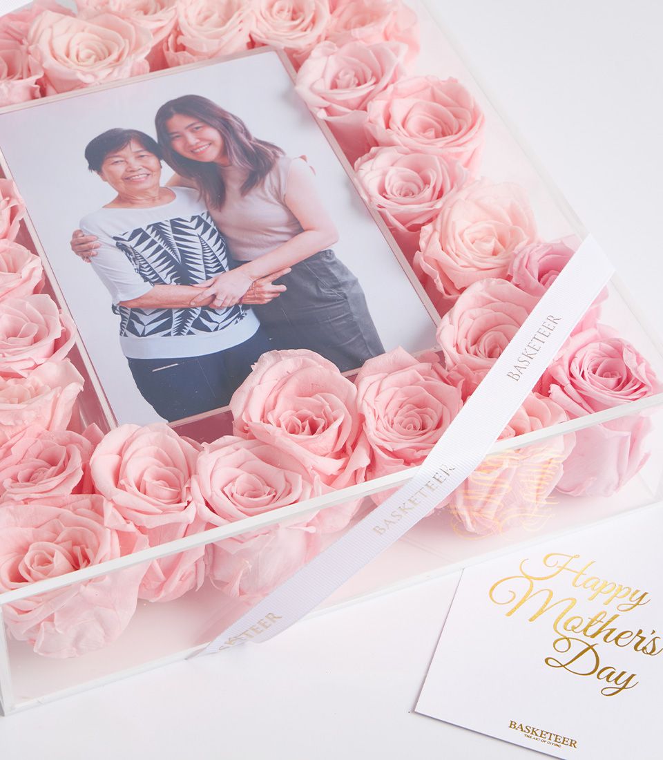 Personalised pink preserved rose photo frame with Mother’s Day card – luxury floral keepsake