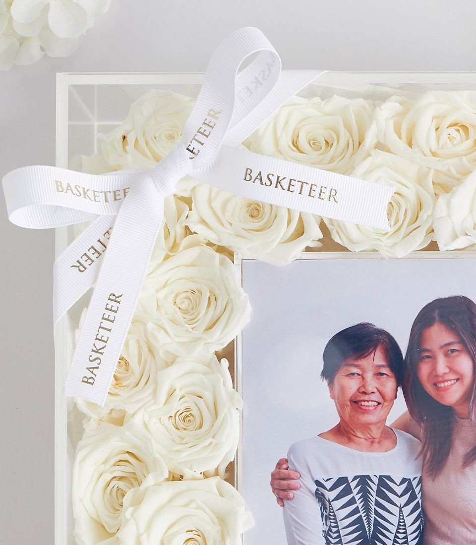 White preserved rose photo frame with ribbon detail – luxury personalised floral gift