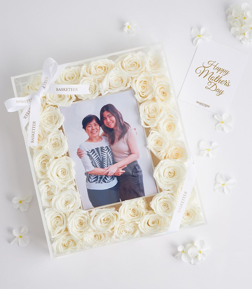 White preserved rose photo frame with Mother’s Day card – elegant personalised floral keepsake