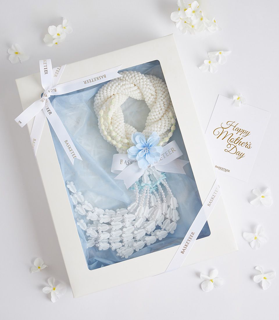 Elegant blue artificial jasmine garland gift in presentation box with ribbon – Mother’s Day keepsake