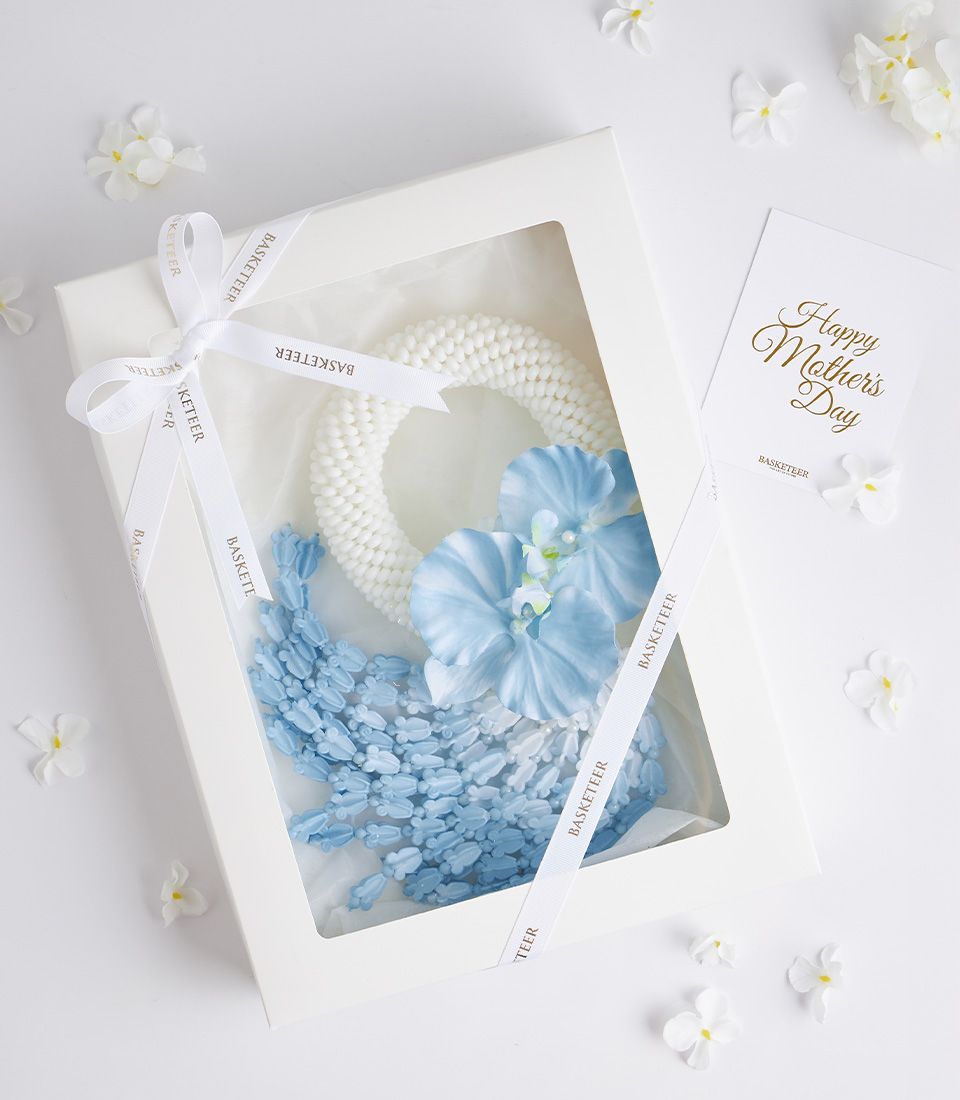 Blue orchid and jasmine artificial garland in gift box – Mother’s Day present