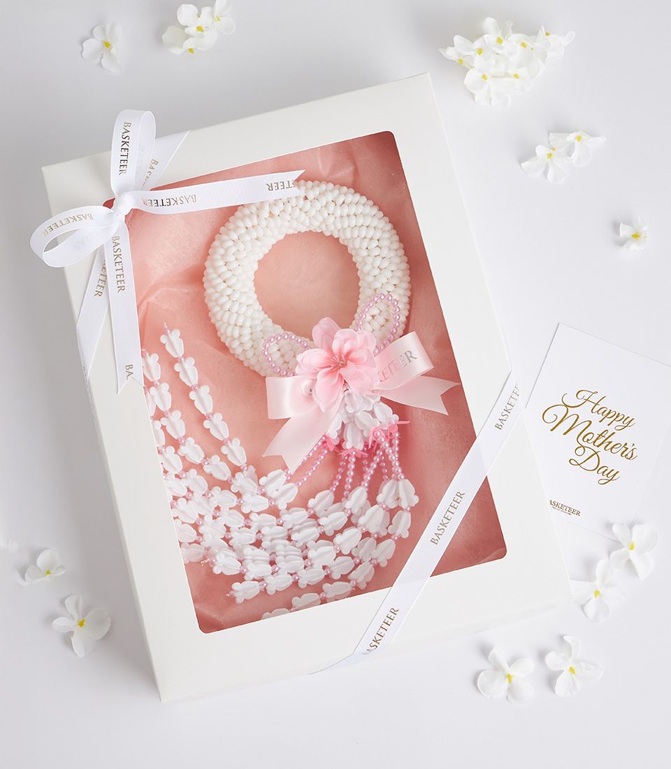 Pink jasmine artificial garland with ribbon in presentation box – Mother’s Day gift