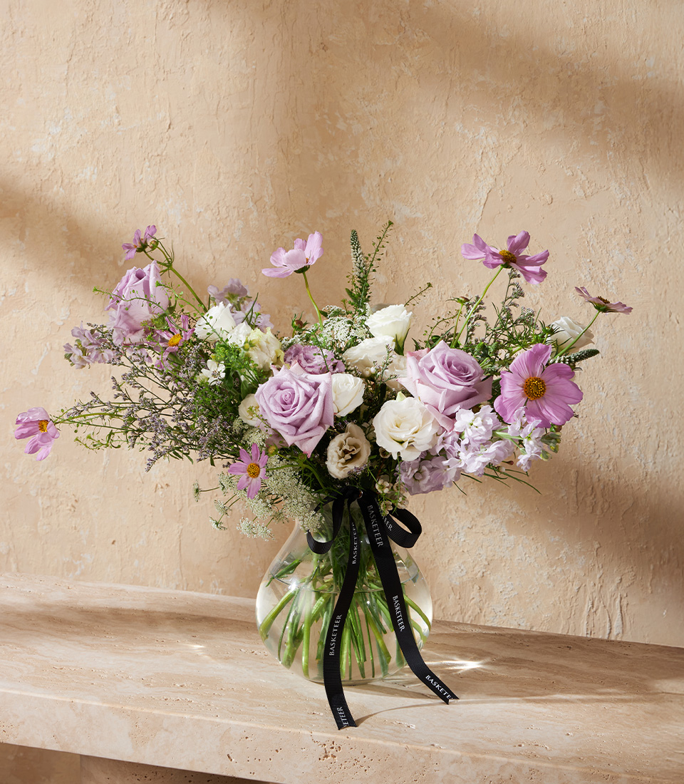 Vase with lavender roses white lisianthus and pink cosmos Romantic pastel flower arrangement for birthdays anniversaries and Bangkok flower delivery