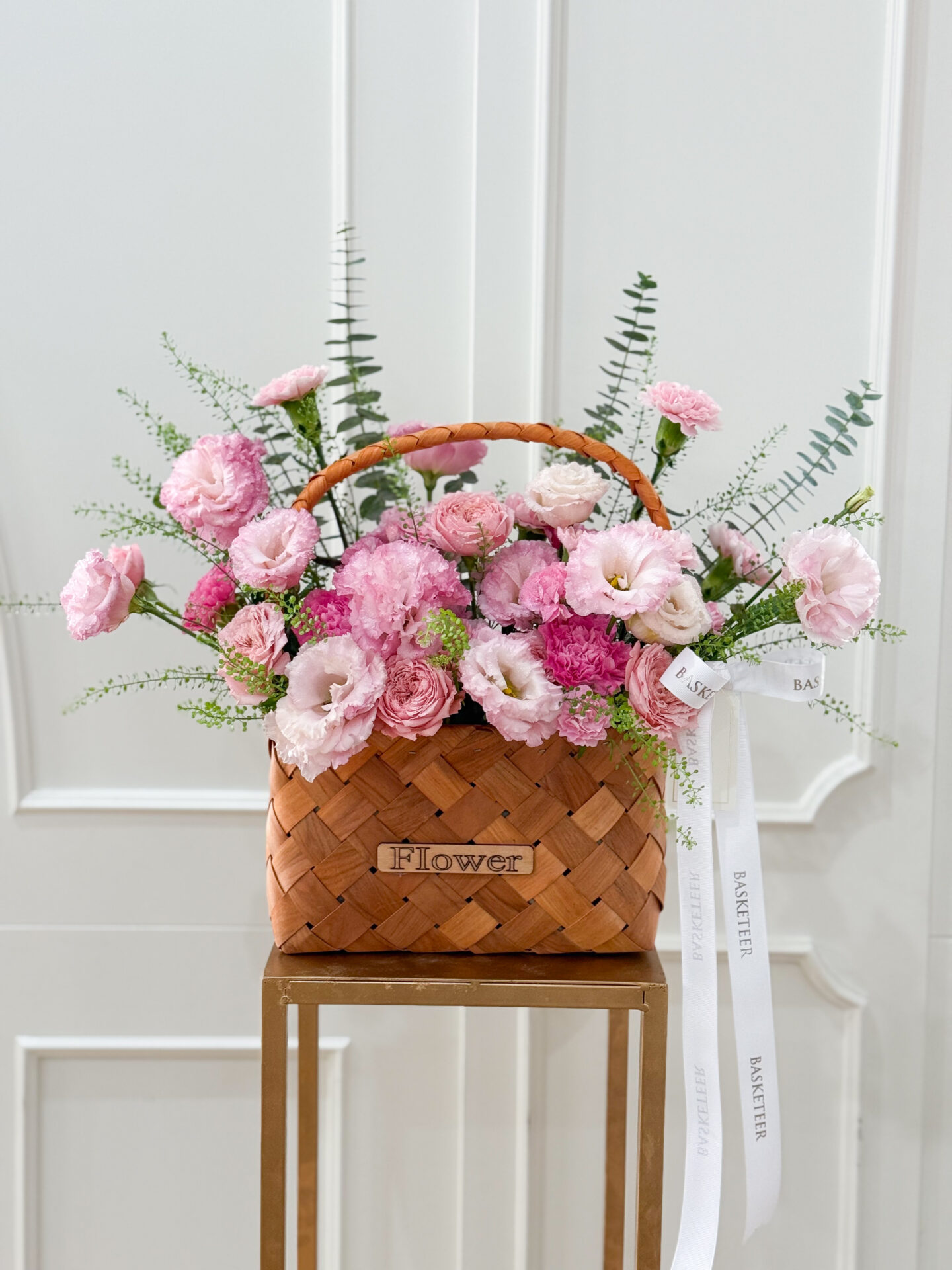 The Pink Delight Flower Basket, labelled 