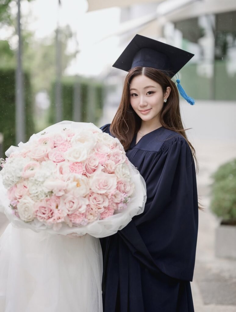 Graduate holding a large pink bouquet from Flowers by Basketeer