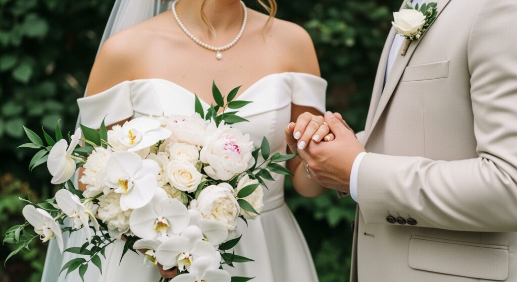 Bride holding a white wedding bouquet with orchids and roses, designed by Flowers by Basketeer.