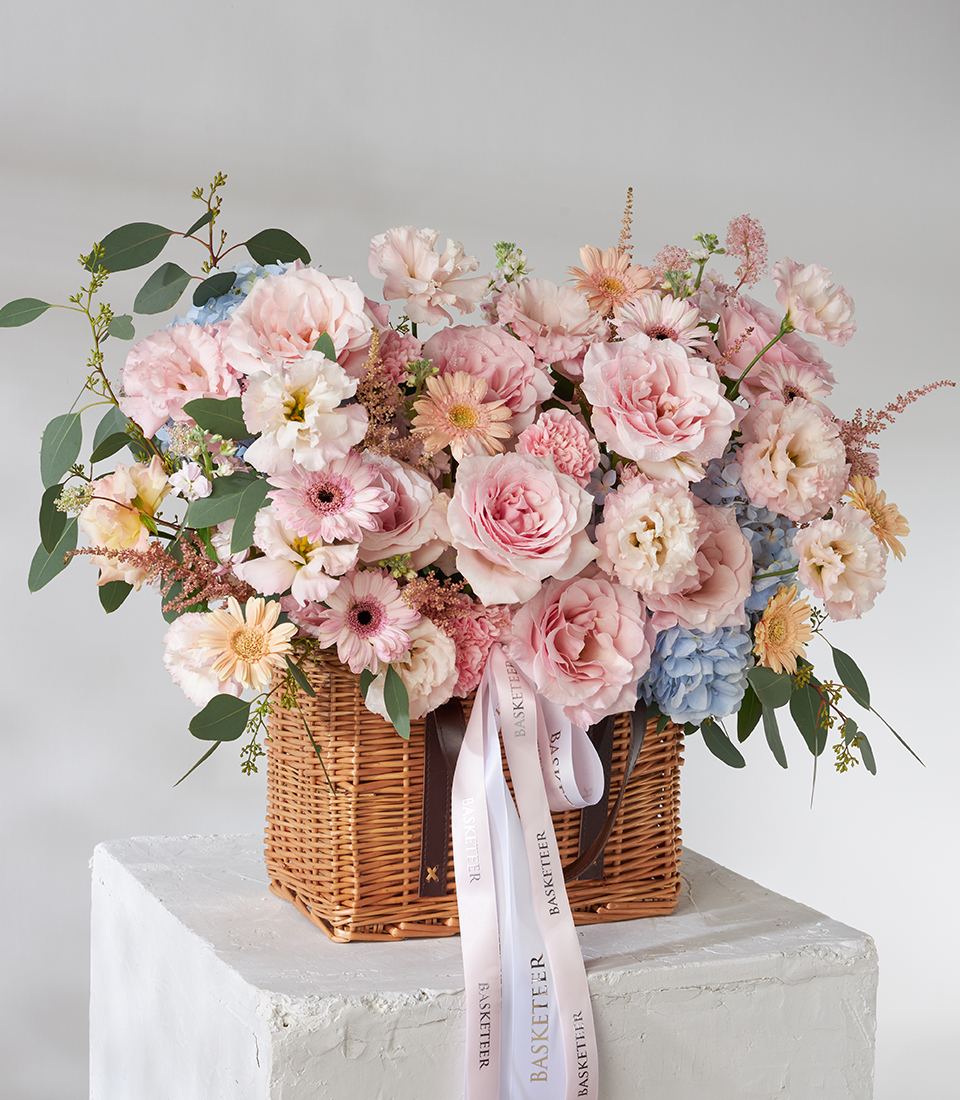 Pink Roses, Carnations & Gerbera Basket Bouquet - Basketeer - The