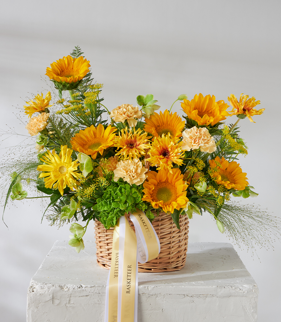 Sunflowers, Yellow Carnations \u0026 Chrysanthemums Basket Bouquet, image size:960x1100