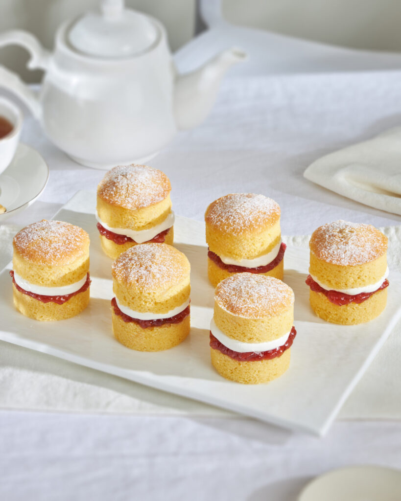 Mini Victoria sponge cakes served with tea at Charlotte Bakery Bangkok