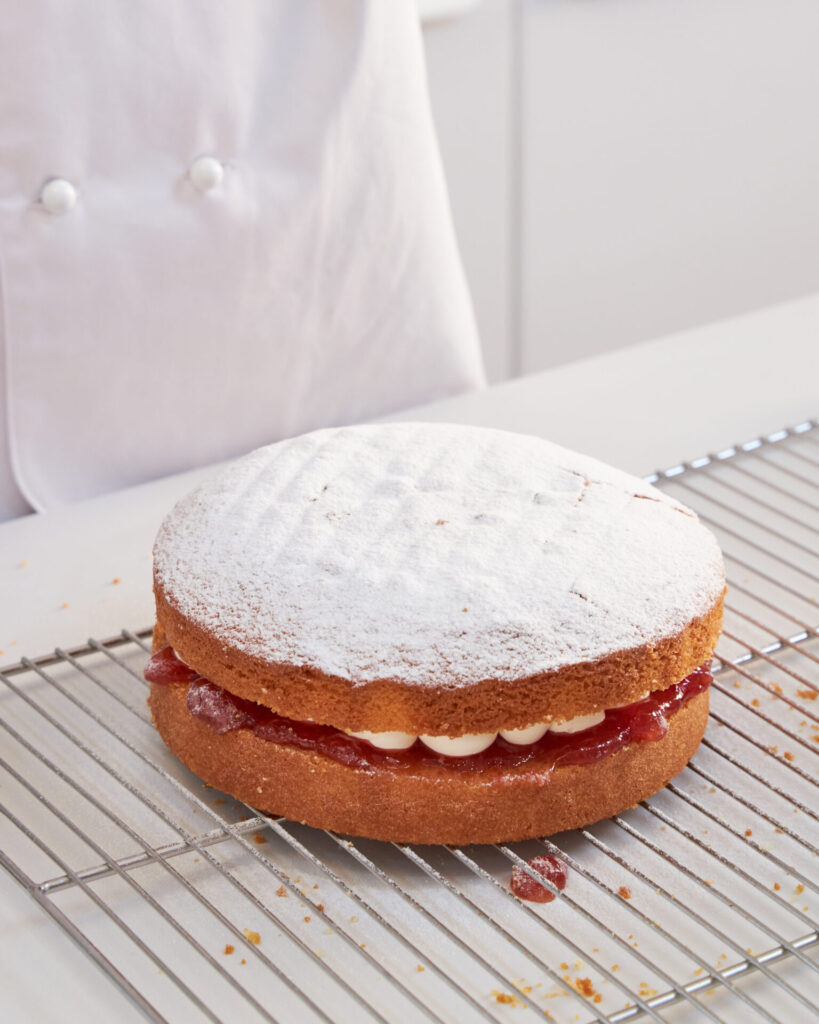 Finished Victoria sponge cake with cream and jam at Charlotte Bakery Bangkok