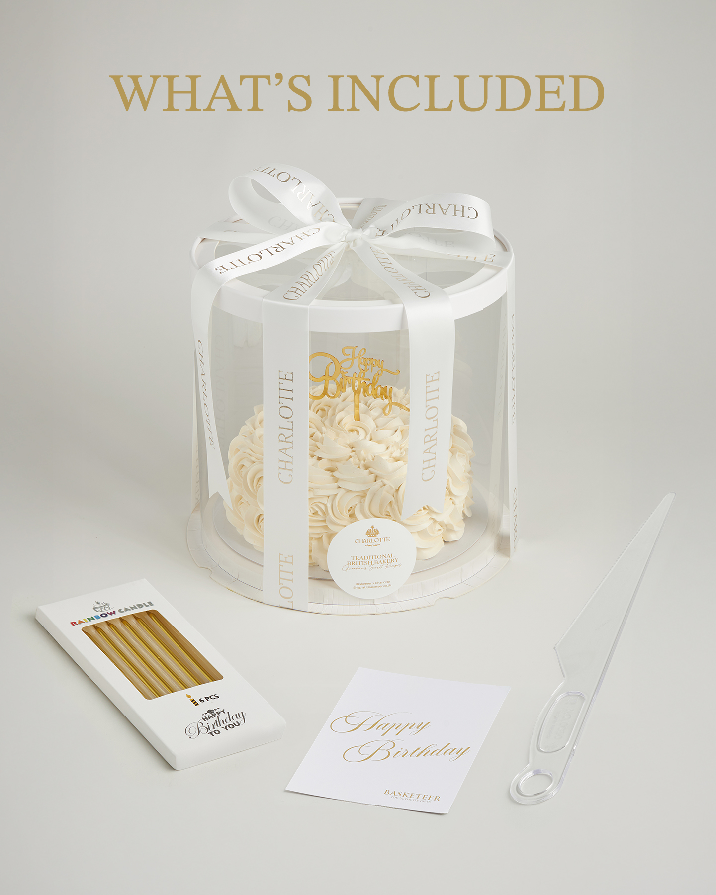 Charlotte Bakery birthday cake gift set including acrylic box, candles, greeting card and knife, Bangkok