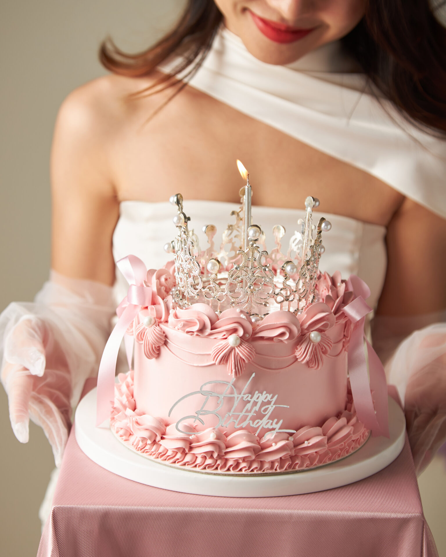 Pink princess birthday cake with crown topper, Charlotte Bakery Bangkok