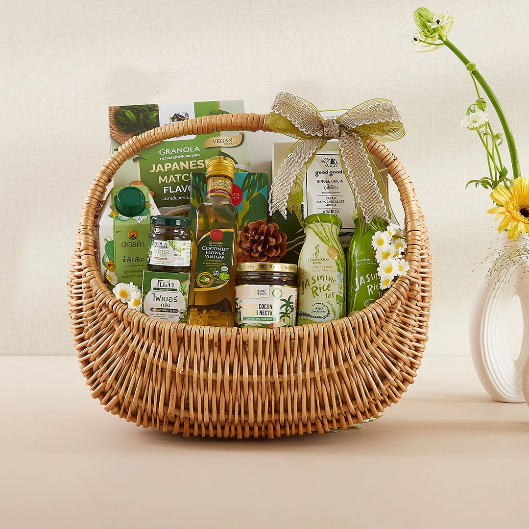 Health gift basket filled with natural and wellness products, beautifully arranged in a handmade wicker basket by Basketeer Thailand