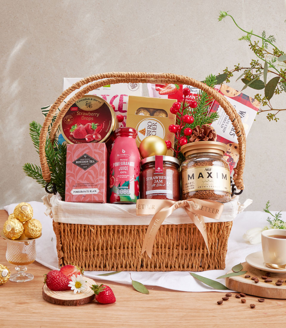 Premium gourmet gift basket with assorted snacks, beverages and specialty items.