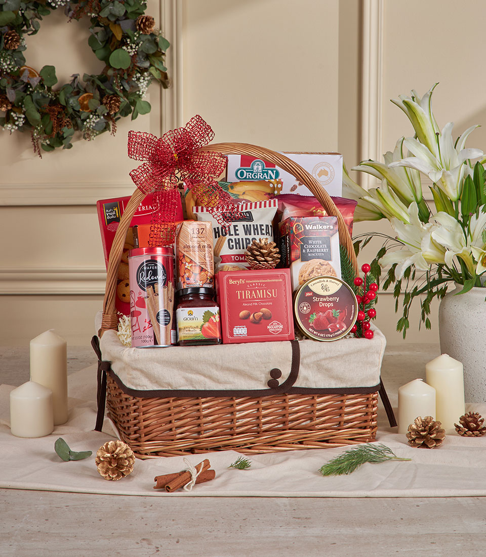 Festive red Christmas gourmet wicker basket