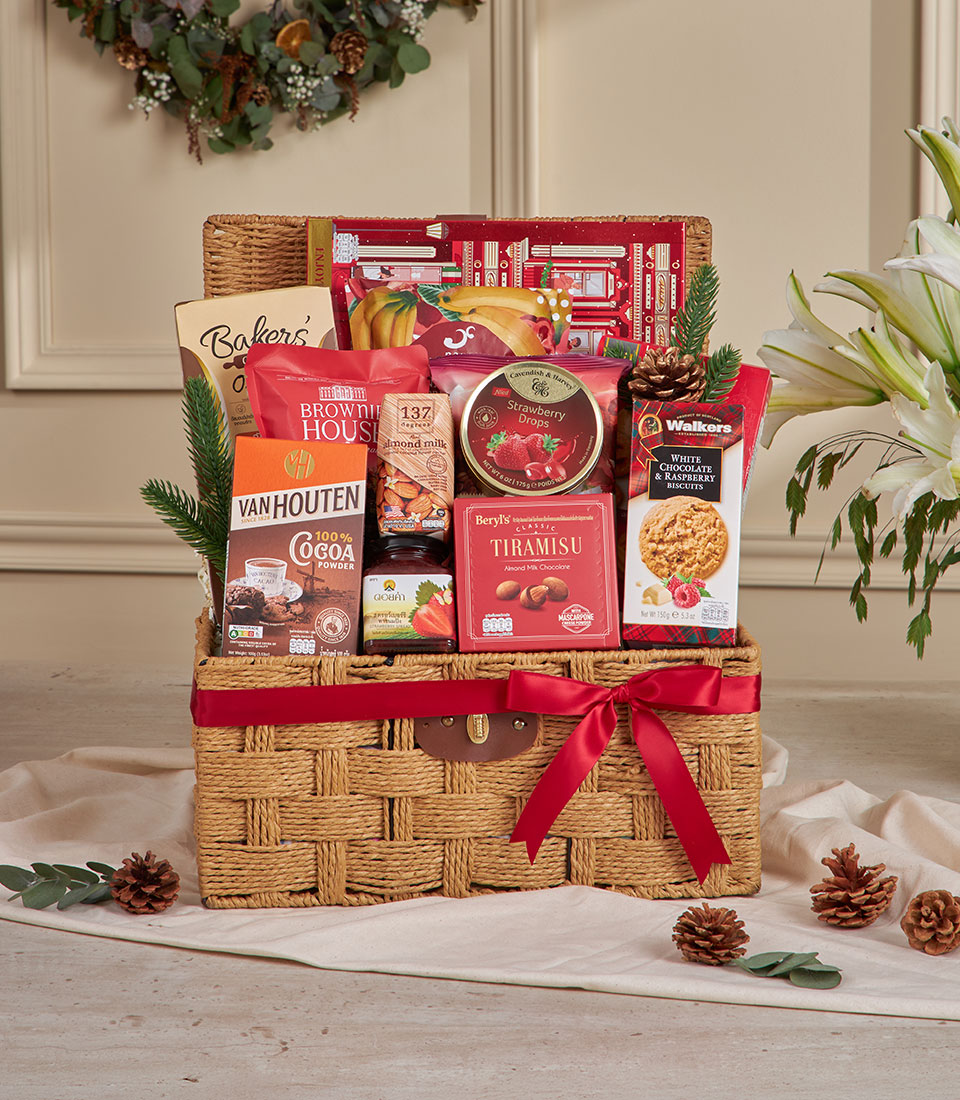 Festive red Christmas gourmet wicker hamper