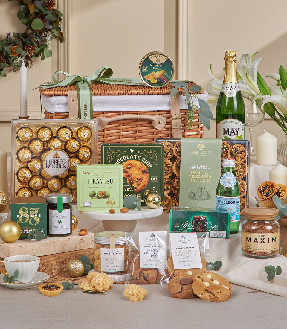 Luxury green and gold holiday gourmet hamper
