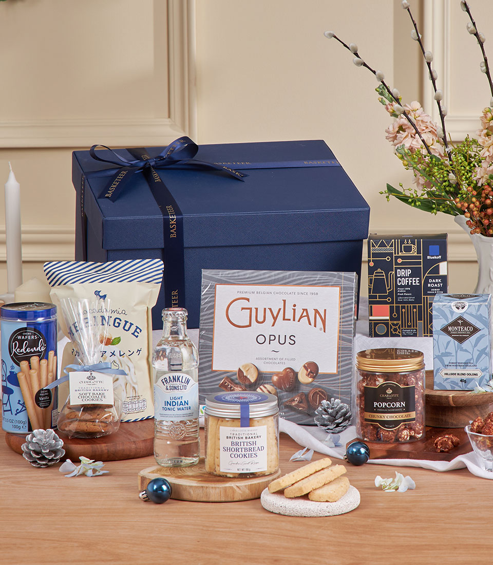 Luxury navy gourmet gift box with chocolates and cookies Bangkok delivery