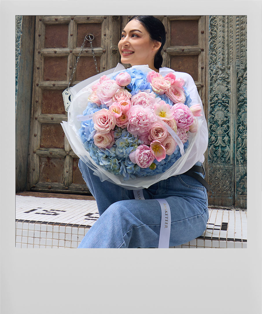 Peony and hydrangea pastel bouquet by Flowers by Basketeer, premium florist with same-day delivery in Bangkok.