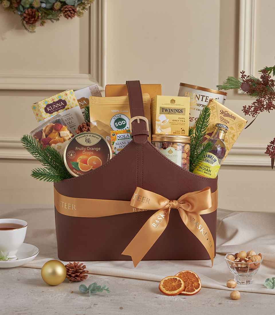 Brown leather gift basket