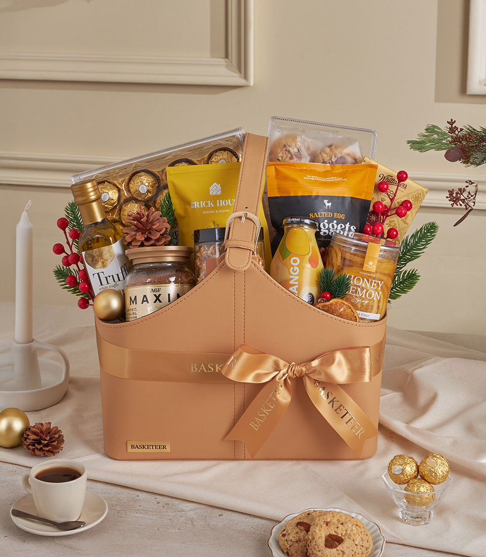 Brown leather gift bag hamper