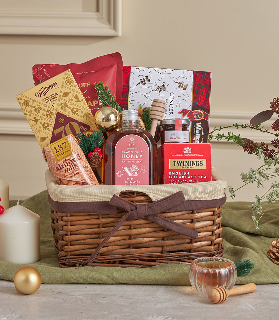 Festive wicker basket with red accents