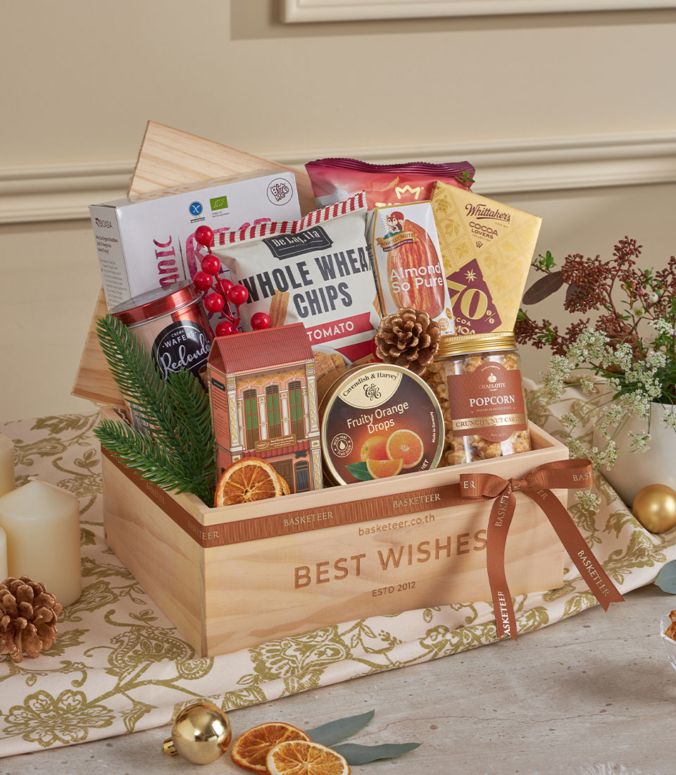 A wooden gift box labelled 