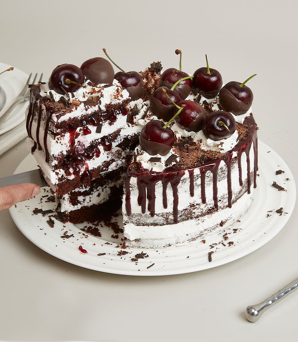 Charlotte Bakery Black Forest cake layered with cream, chocolate sponge, cherries, and chocolate drizzle.