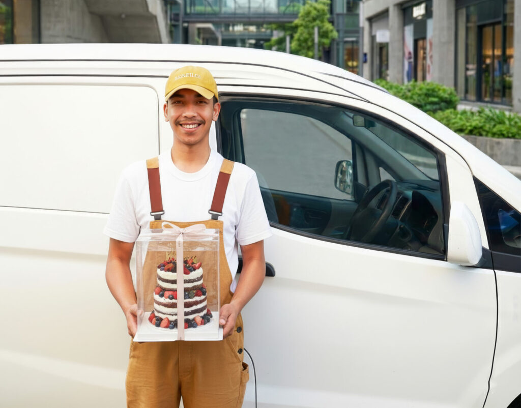 Uniformed Charlotte Bakery delivery driver standing in front of a white EV van, holding a two-tier berry cake in a protective clear box