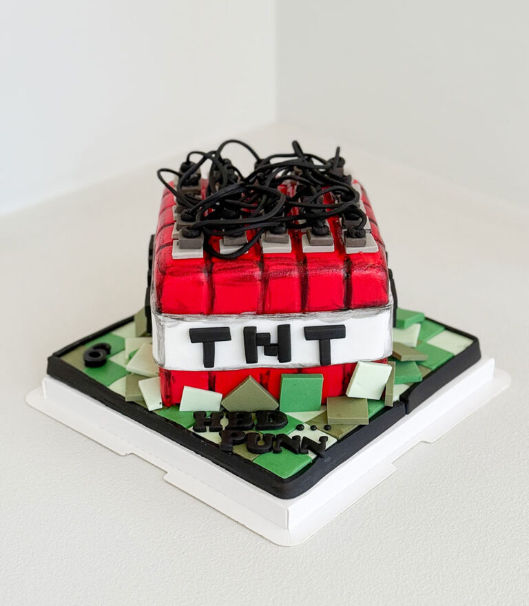 TNT game–inspired fondant cake with block-style details by Charlotte Bakery in Bangkok.