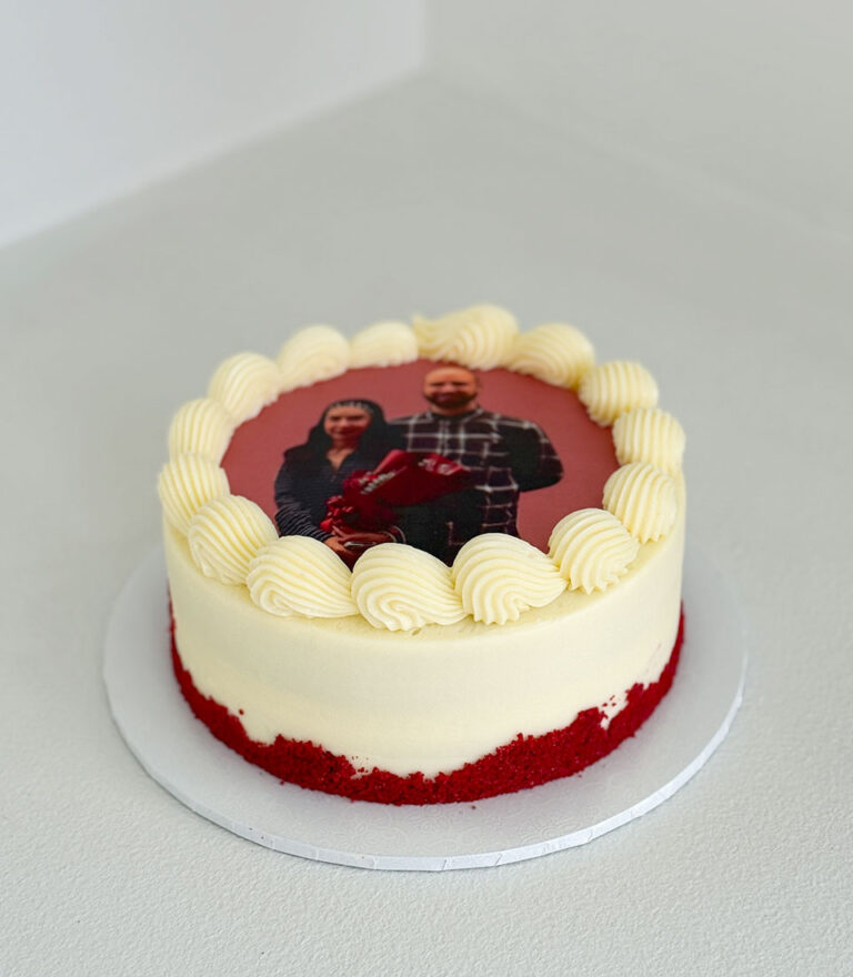 Edible printing cake with custom couple photo and cream buttercream layers by Charlotte Bakery in Bangkok