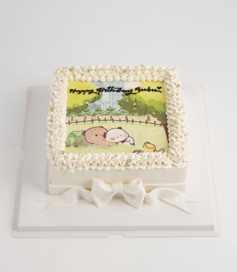 Edible printing birthday cake with cute illustrated design and classic white buttercream by Charlotte Bakery in Bangkok