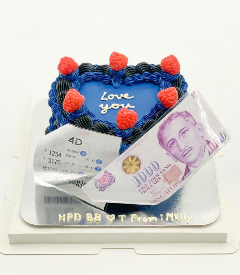 Heart-shaped edible printing cake with custom design and deep blue buttercream by Charlotte Bakery in Bangkok