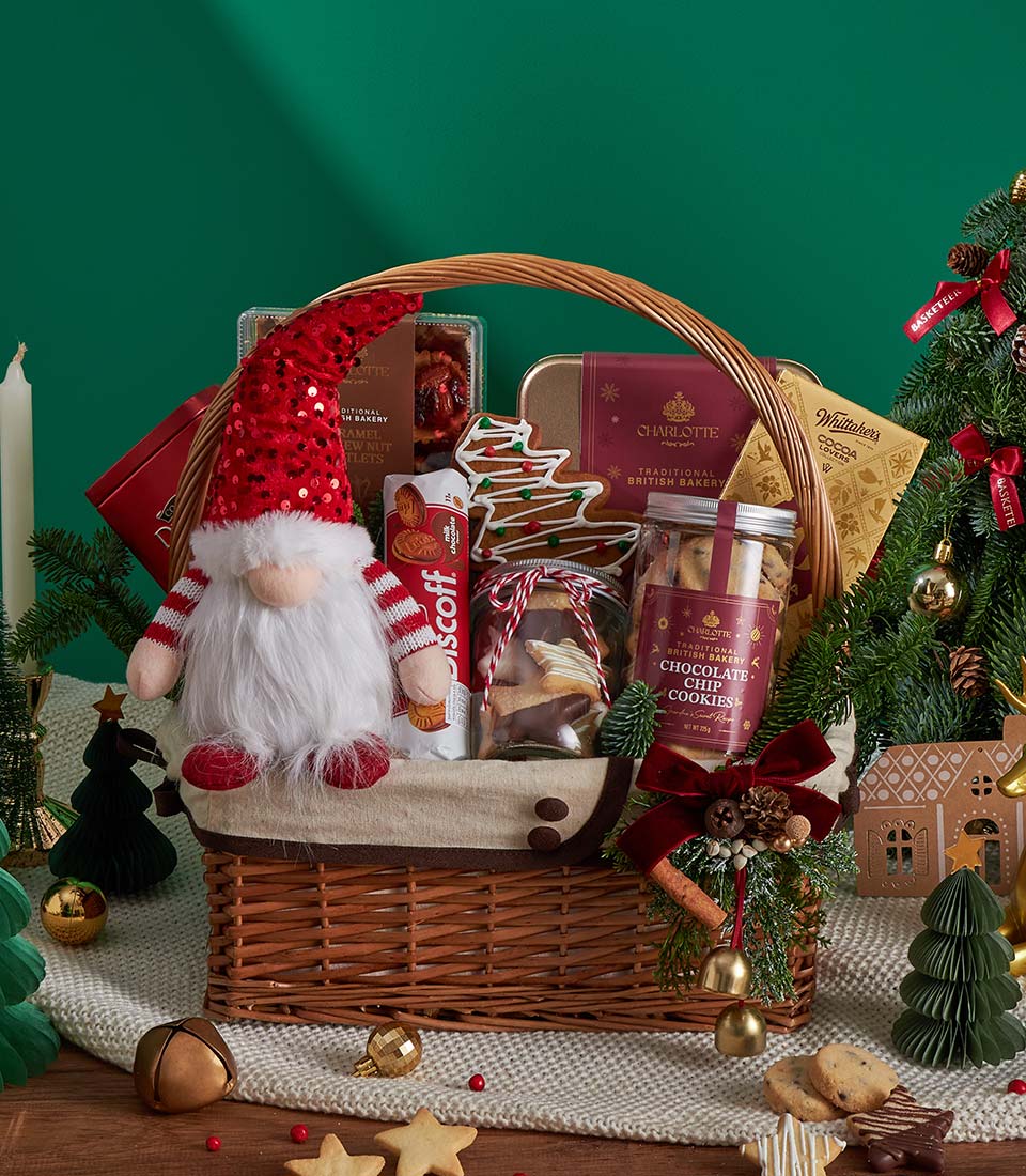 Festive Santa Christmas hamper with holiday treats.
