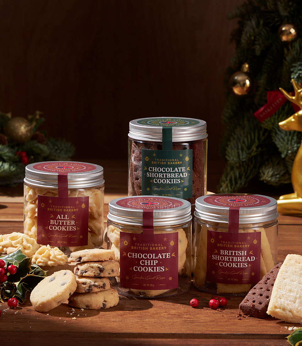 Classic British cookie collection jars from Charlotte Bakery for Christmas gifting in Bangkok