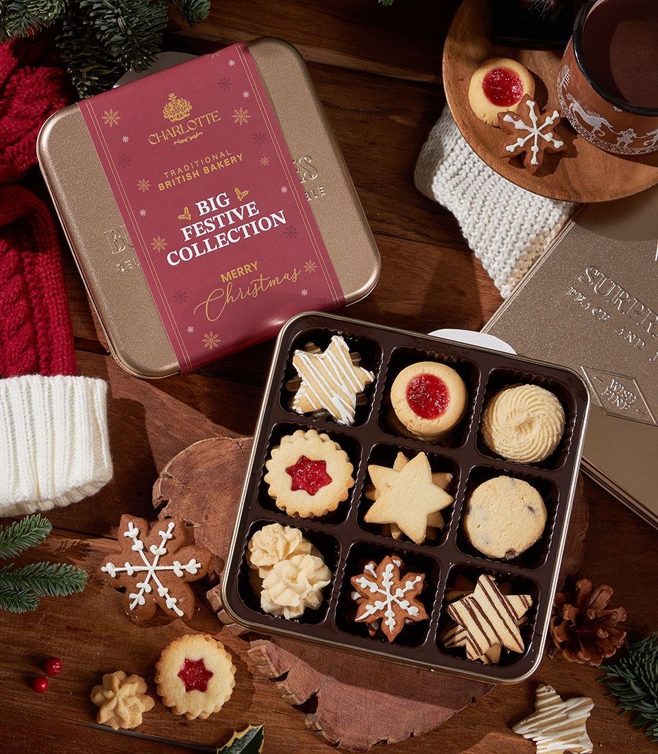 Big festive cookie collection tin from Charlotte Bakery for Christmas gifting in Bangkok