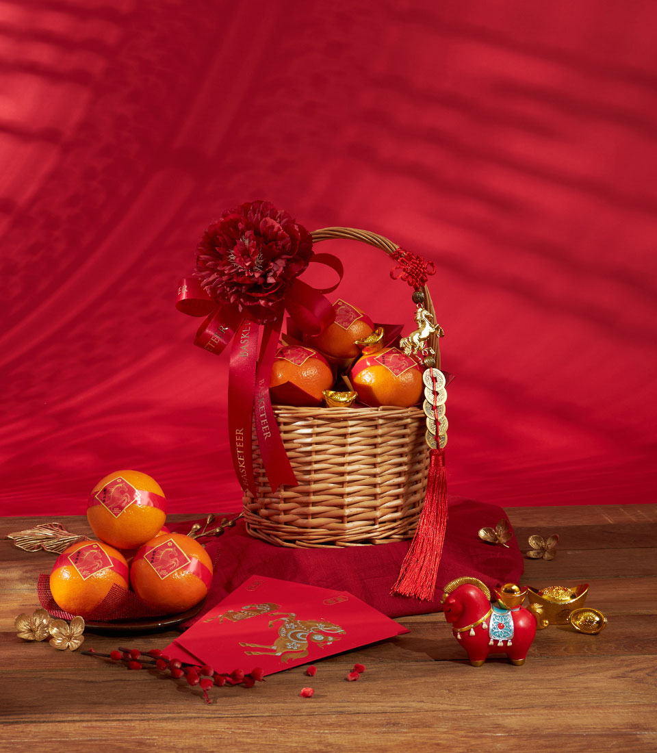 Chinese New Year auspicious blooming oranges gift basket with premium presentation