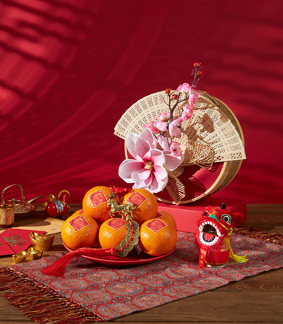 Chinese New Year auspicious flower and orange festive hamper with premium presentation