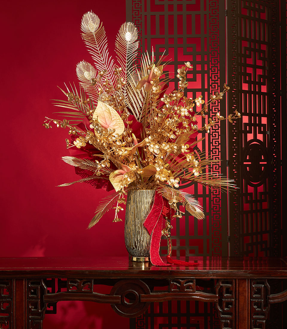 Chinese New Year gold artificial flower vase arrangement for festive decor