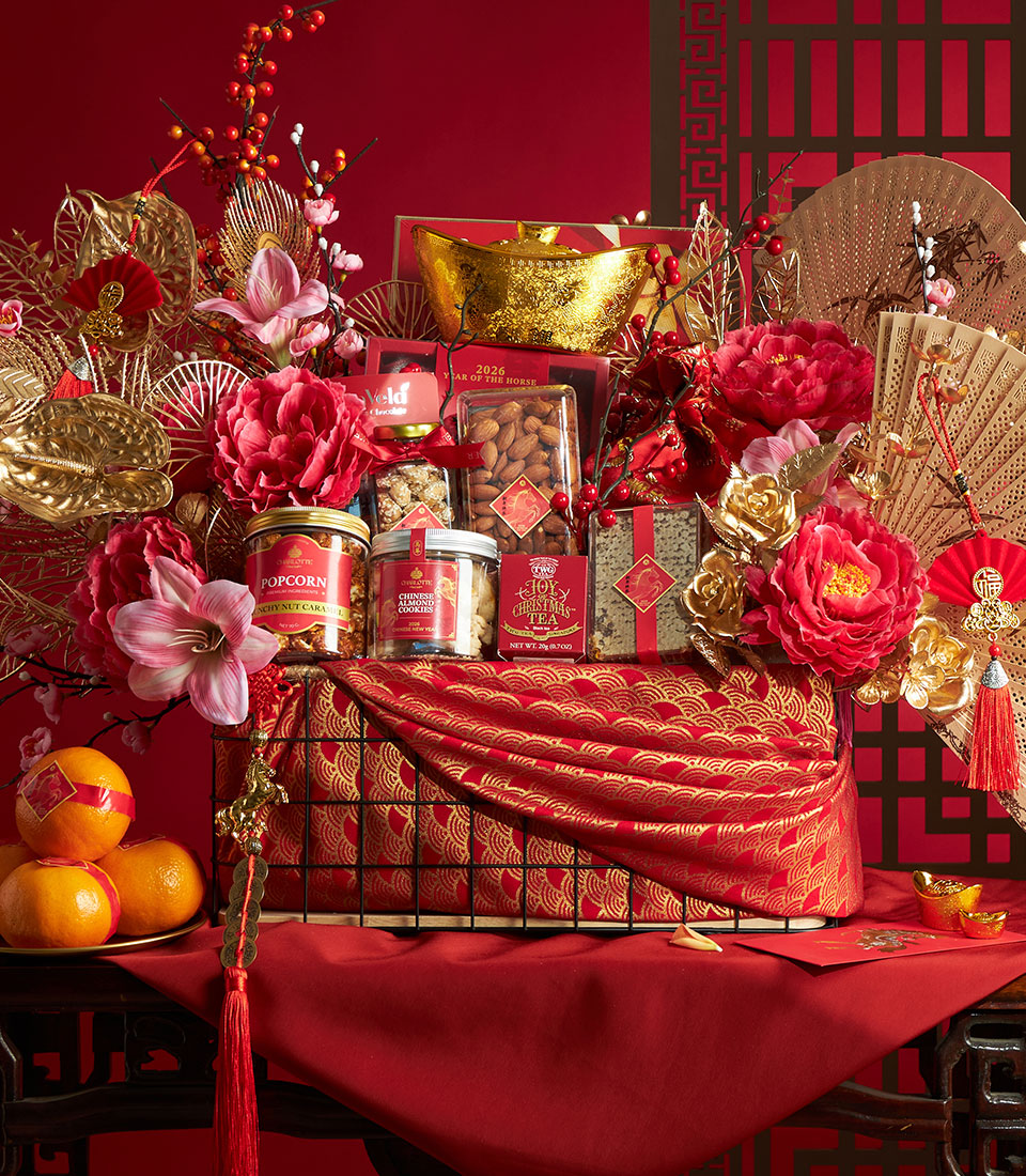 Grand Chinese New Year festive gift hamper with premium gourmet items and gold accents
