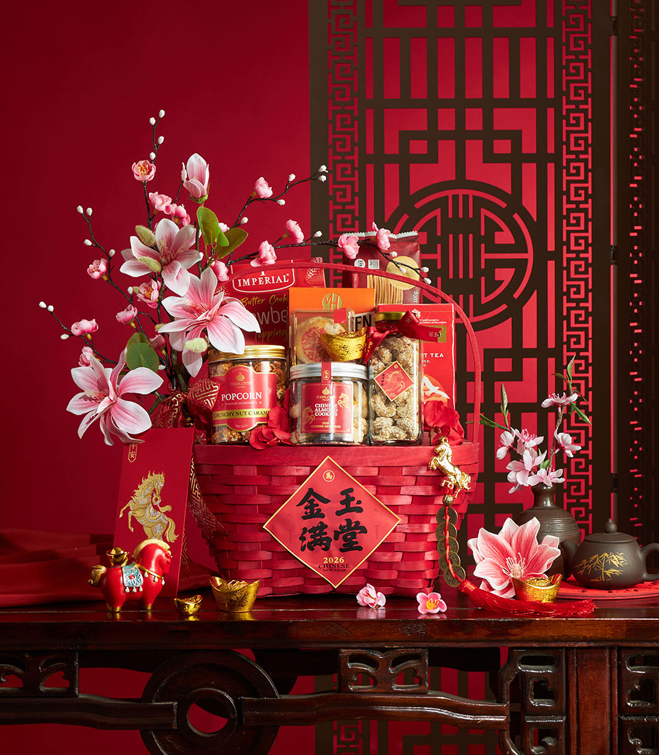 Prestige Chinese New Year gourmet flower hamper in red basket