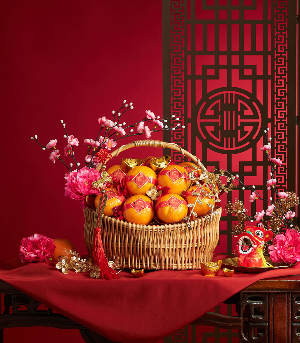 Chinese New Year elegant oranges gift basket with festive florals