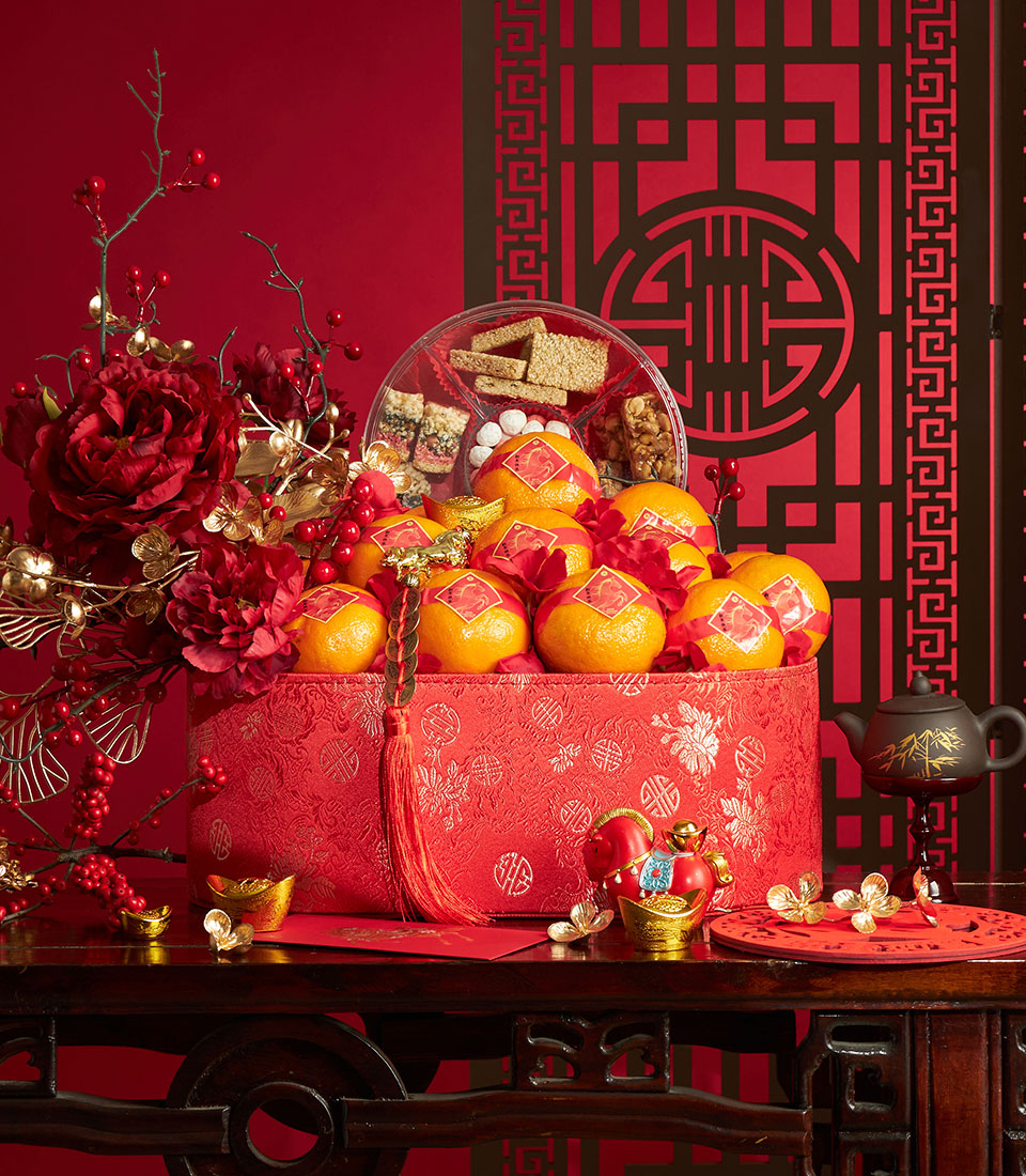 Chinese New Year prosperity oranges gift basket in red festive arrangement