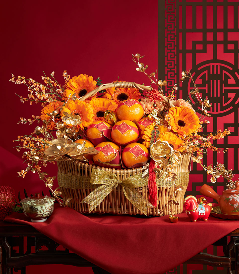 Chinese New Year imperial blossom basket collection with oranges and florals